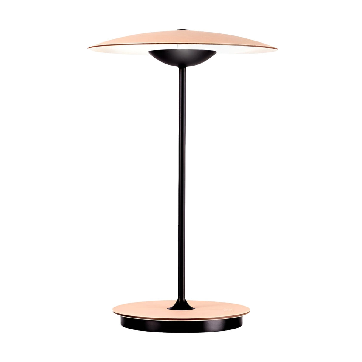 The Ginger LED Table Lamp - Black & Oak features a thin black stem, round flat base in black and oak, and a wide beige shade. Its minimalist design brings contemporary style and elegance to any modern space.