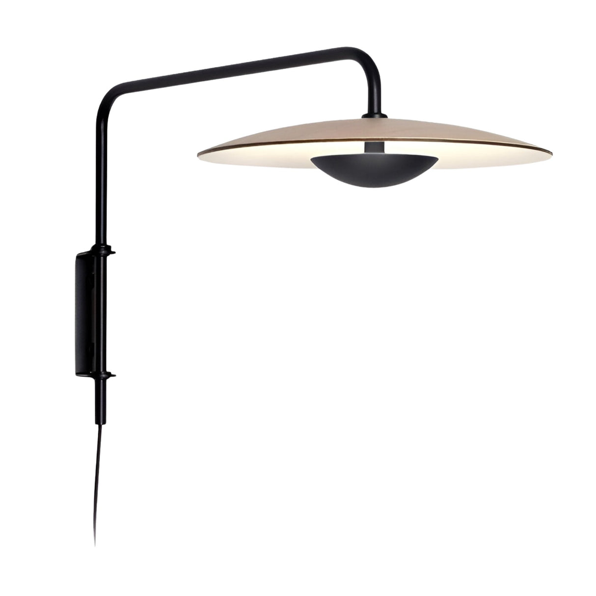 The Ginger LED Wall Light – Black & Oak features a black metal arm, a wide flat beige shade, and a visible power cord. Its minimalist design brings sleek Black & Oak-inspired style to any space.