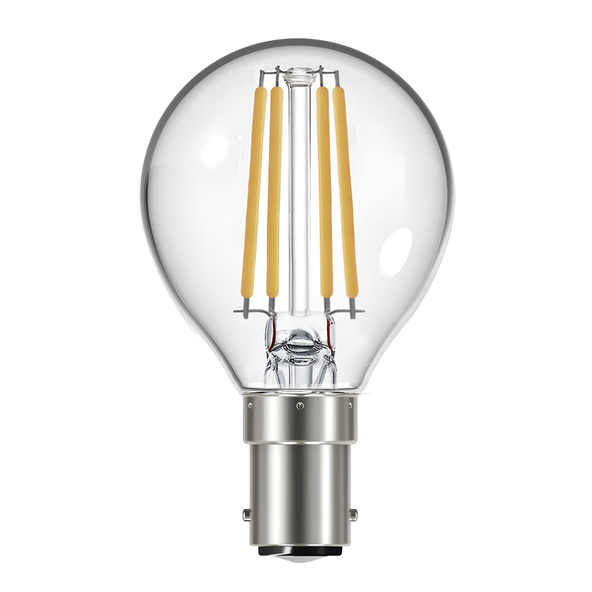 The Eveready 4W Non-Dimmable LED Golf Ball Filament Bulb offers a round, transparent glass exterior resembling a traditional incandescent bulb, with visible filaments mounted on a metallic B15 base. This warm white LED bulb combines modern technology and energy efficiency to brighten up any space effectively while maintaining a classic look.