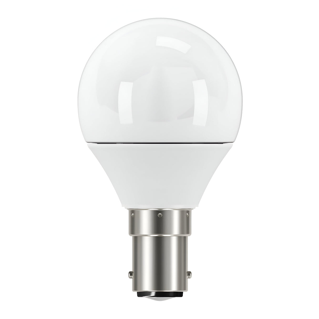The Eveready 4.9W Non-Dimmable LED Golf Ball Bulb with a B15 bayonet cap features a smooth, round white surface and a metallic base. This energy-efficient bulb is designed for compact lighting solutions and is ideal for use in homes and offices to provide efficient illumination at 6500K daylight color temperature.
