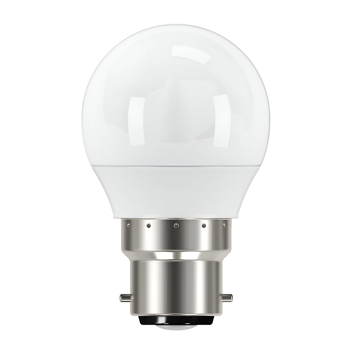 The image features a close-up of an Eveready 4.9W Non-Dimmable LED Golf Ball Bulb with a metallic base and frosted glass top, emitting 470 lumens. Designed for B22 bayonet cap fittings, it is showcased upright against a white background, offering modern energy efficiency in warm white light at 3000K.
