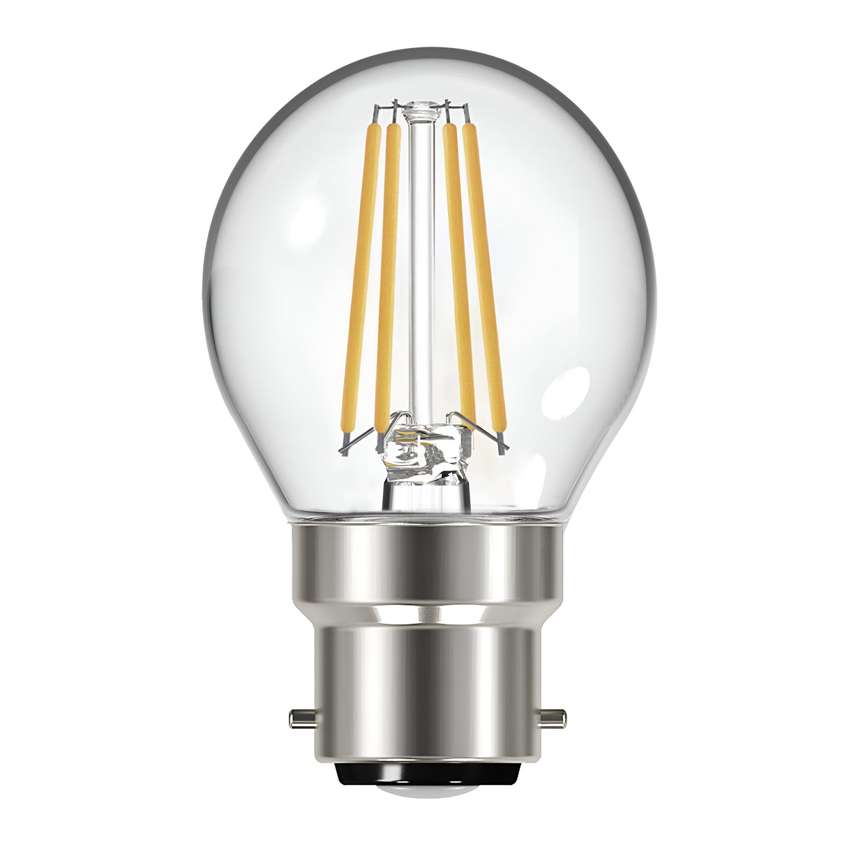 An Eveready 4W non-dimmable LED golf ball filament bulb in warm white, featuring a vintage design with a bayonet base, is displayed within a glass enclosure against a plain white background.