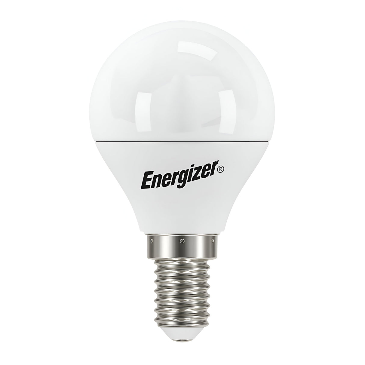 An Energizer 4.9W Non-Dimmable LED Golf Ball Bulb in warm white, featuring a round top with a silver screw E14 base and the Energizer logo printed in black, symbolizes energy-efficient lighting with its simple and modern design.