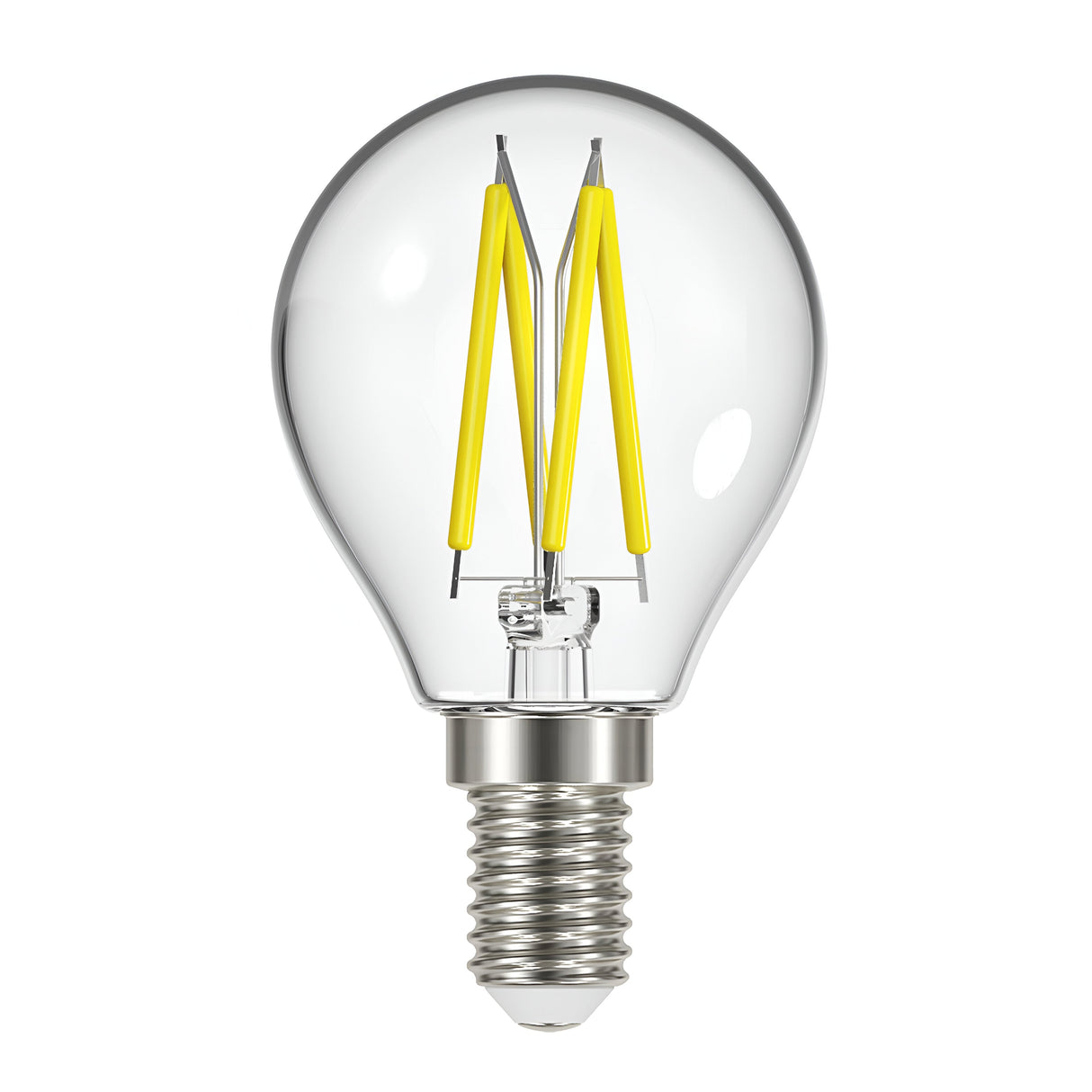 The Energizer 4W Non-Dimmable LED Golf Ball Filament Bulb - Warm White, E14, 2700K features visible yellow filaments and a metallic screw base set against a white background. It provides warm white illumination ideal for any setting. This bulb is designed with energy efficiency in mind, making it perfect for creating a cozy atmosphere while reducing power consumption.