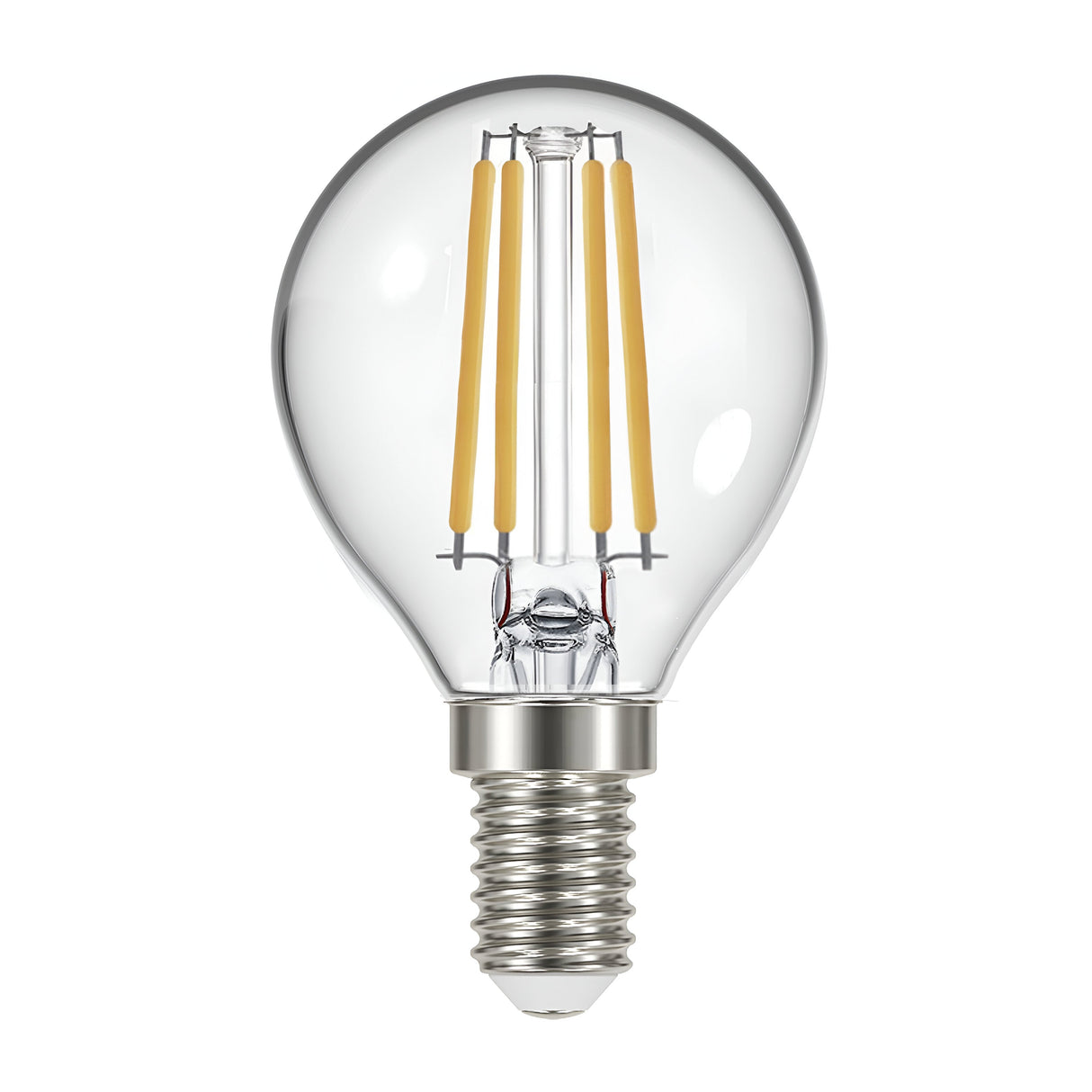 The Eveready 4W Non-Dimmable LED Golf Ball Filament Bulb features a silver E14 base and emits a warm white glow from its visible LED filaments inside the glass, resembling the appearance of traditional incandescent bulbs. It is set against a plain white background.