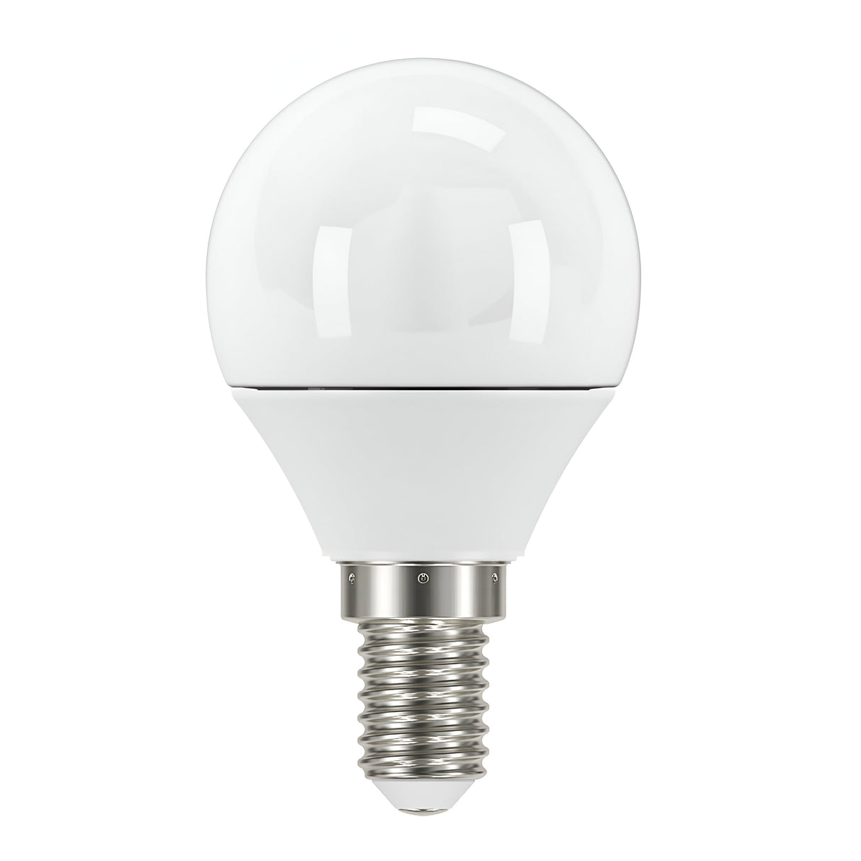 Here's an alternative version using the provided product data:
A close-up of the Eveready 4.9W Non-Dimmable LED Golf Ball Bulb, featuring a round shape and an E14 small screw cap. This bulb emits a cool white light with a color temperature of 4000K, showcasing a smooth surface and reflective finish, set against a plain white background.