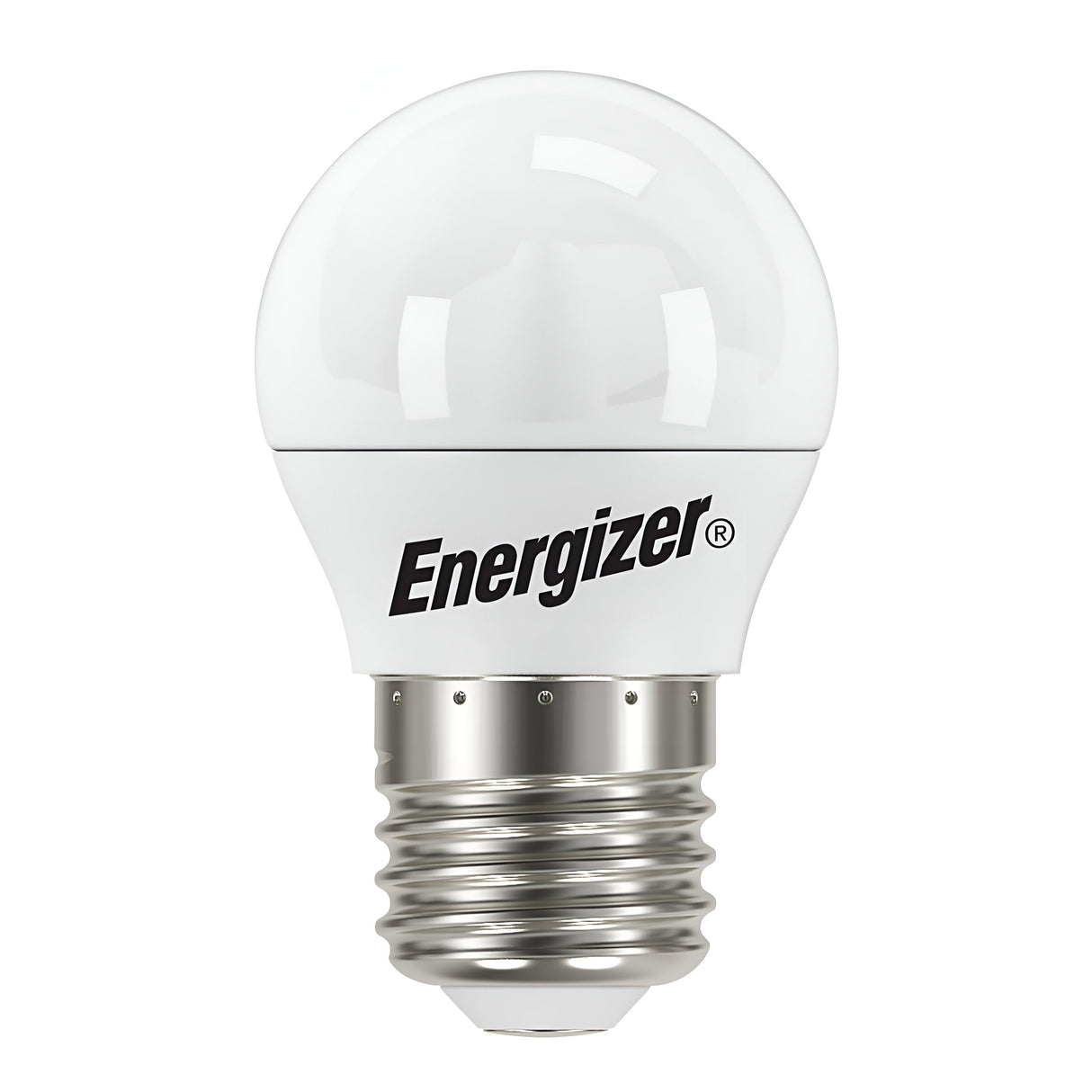 The Energizer 4.2W Non-Dimmable LED Golf Ball Bulb shines with a bright, 470-lumen output at a daylight color temperature of 6500K. Featuring an E27 screw base, this white light bulb prominently showcases the Energizer brand in bold black letters.