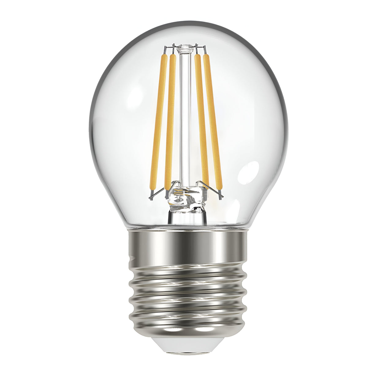 The Eveready 4W Non-Dimmable LED Golf Ball Filament Bulb in Warm White, featuring a metallic E27 base and a 2700K color temperature, is presented on a plain white background as an example of energy-efficient lighting.