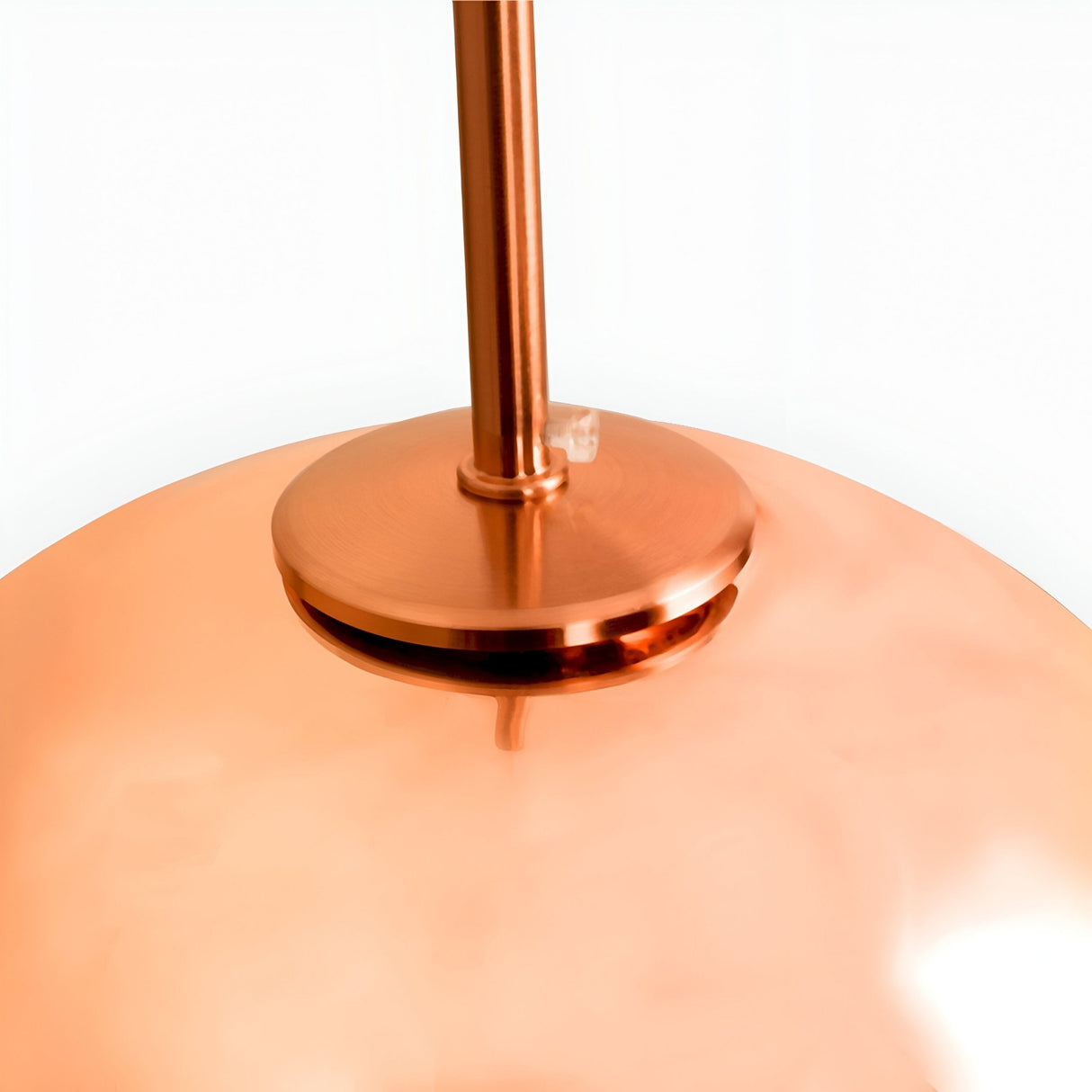 Close-up of the top part of the Grand Ball Glass Pendant 25cm in shiny metallic copper with a matching rod, set against a white background. LED compatible for modern efficiency.