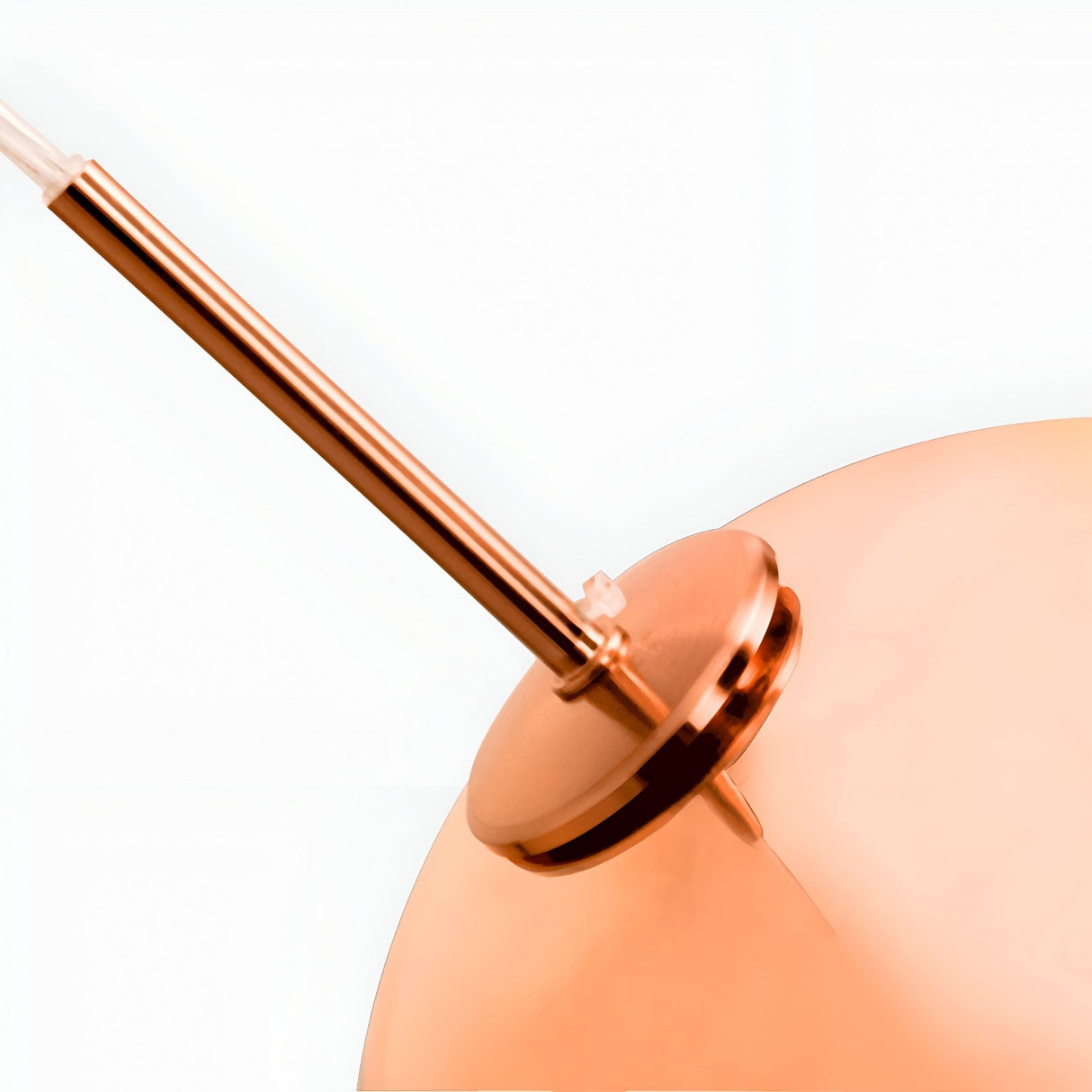 Close-up of the Grand Ball Glass Pendant 25cm in copper, featuring a round shade, slanted rod, and LED compatibility, set against a plain white background.