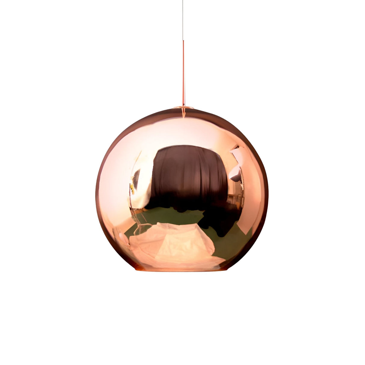 The Grand Ball Glass Pendant 25cm - Copper, featuring a spherical shape and reflective copper finish, hangs from a thin cord against a plain white background.