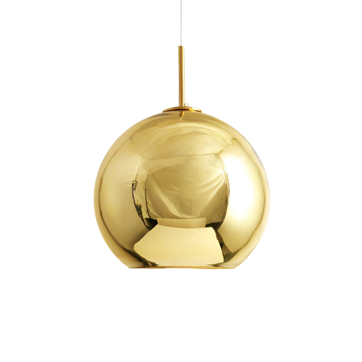 The Grand Ball Glass Pendant 25cm - Gold features a smooth, reflective gold finish and hangs from a slim cable. Its bottom opening and integrated LED lighting provide a bright, focused downward glow.