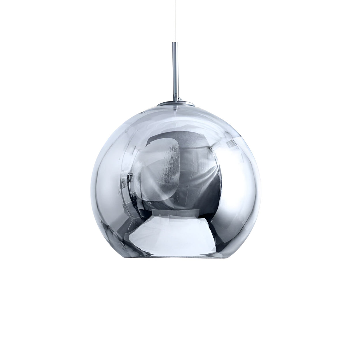 The Grand Ball Glass Pendant 25cm - Silver features a modern, spherical design with a reflective chrome finish, suspended from a slim cord against a white background.