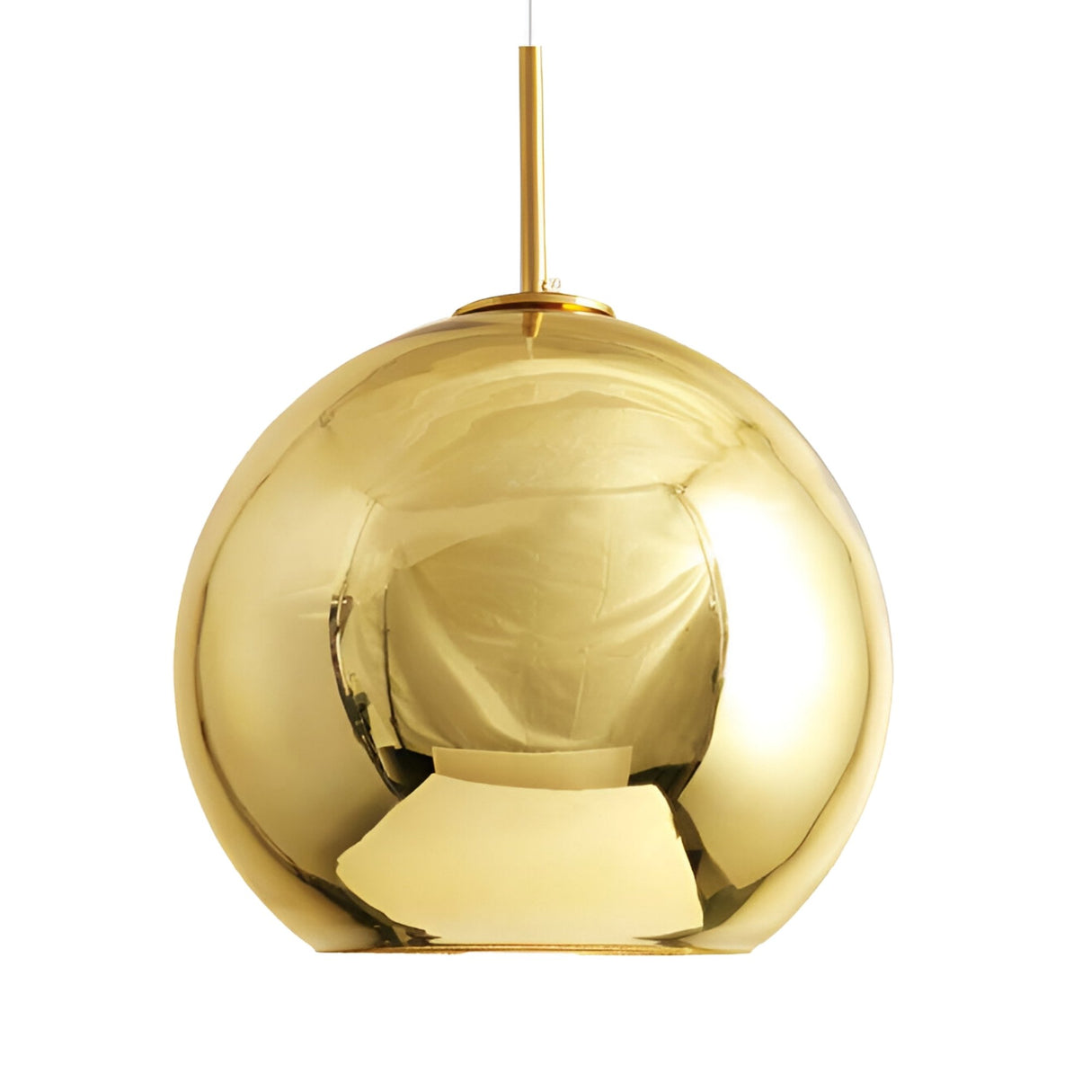 The Grand Ball Glass Pendant 40cm - Gold is a modern, spherical glass pendant with a reflective gold finish. Suspended by a slim rod, it features an open bottom that reveals the LED light inside for luxurious illumination.