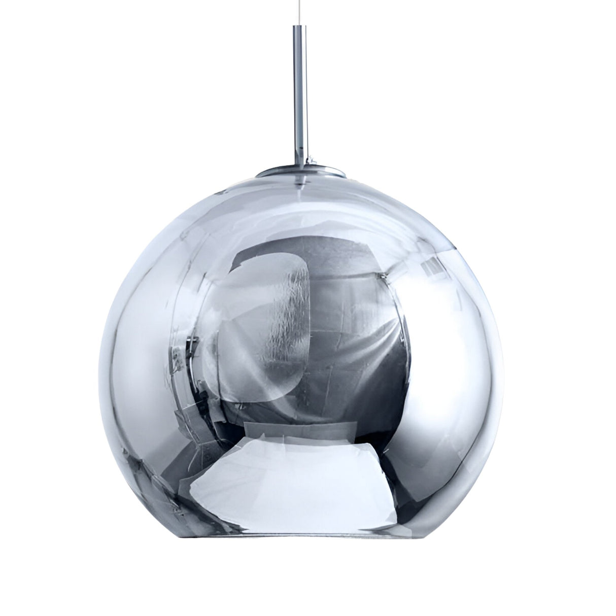 The Grand Ball Glass Pendant 40cm - Silver is a modern, spherical pendant light with a shiny silver finish. Its glossy surface reflects the room and light, adding contemporary style when suspended from the ceiling by its sleek rod.