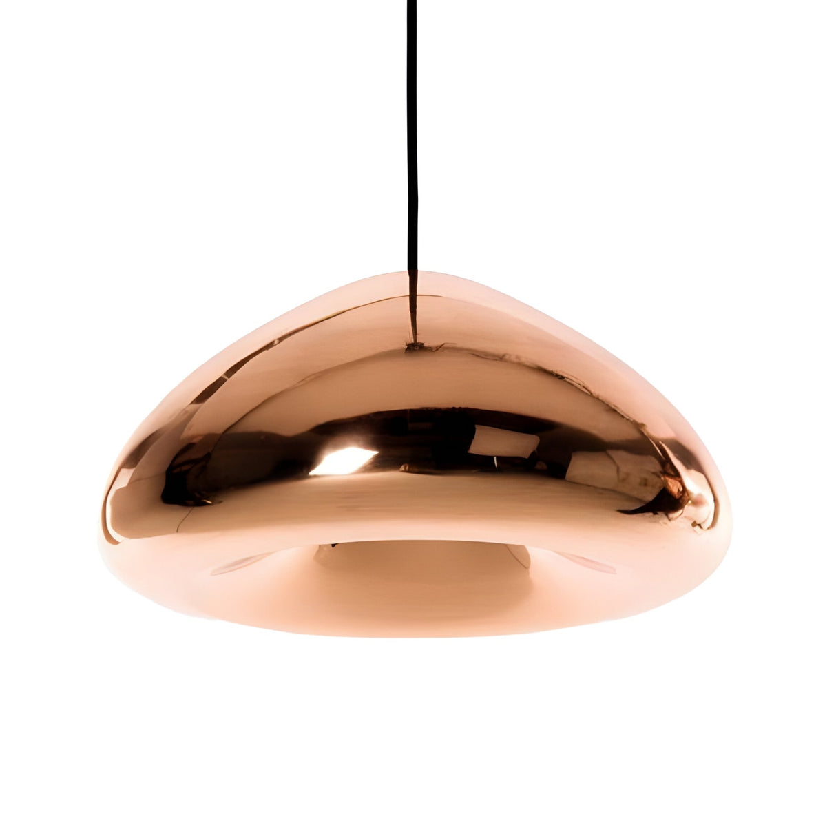 The Gulf Glass Pendant Light - Copper features a modern, rounded glass design with a shiny copper finish, a wide open bottom, and is suspended by a black cord for stylish, energy-efficient lighting.