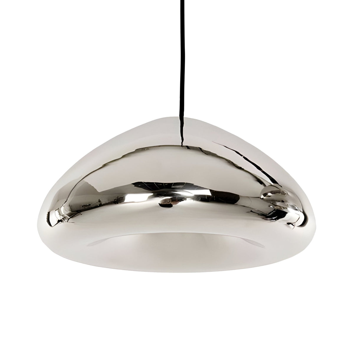 The Gulf Glass Pendant Light – Silver features a modern dome shape and sleek silver finish, suspended from a black cord against a white background—an ideal accent for contemporary interiors.