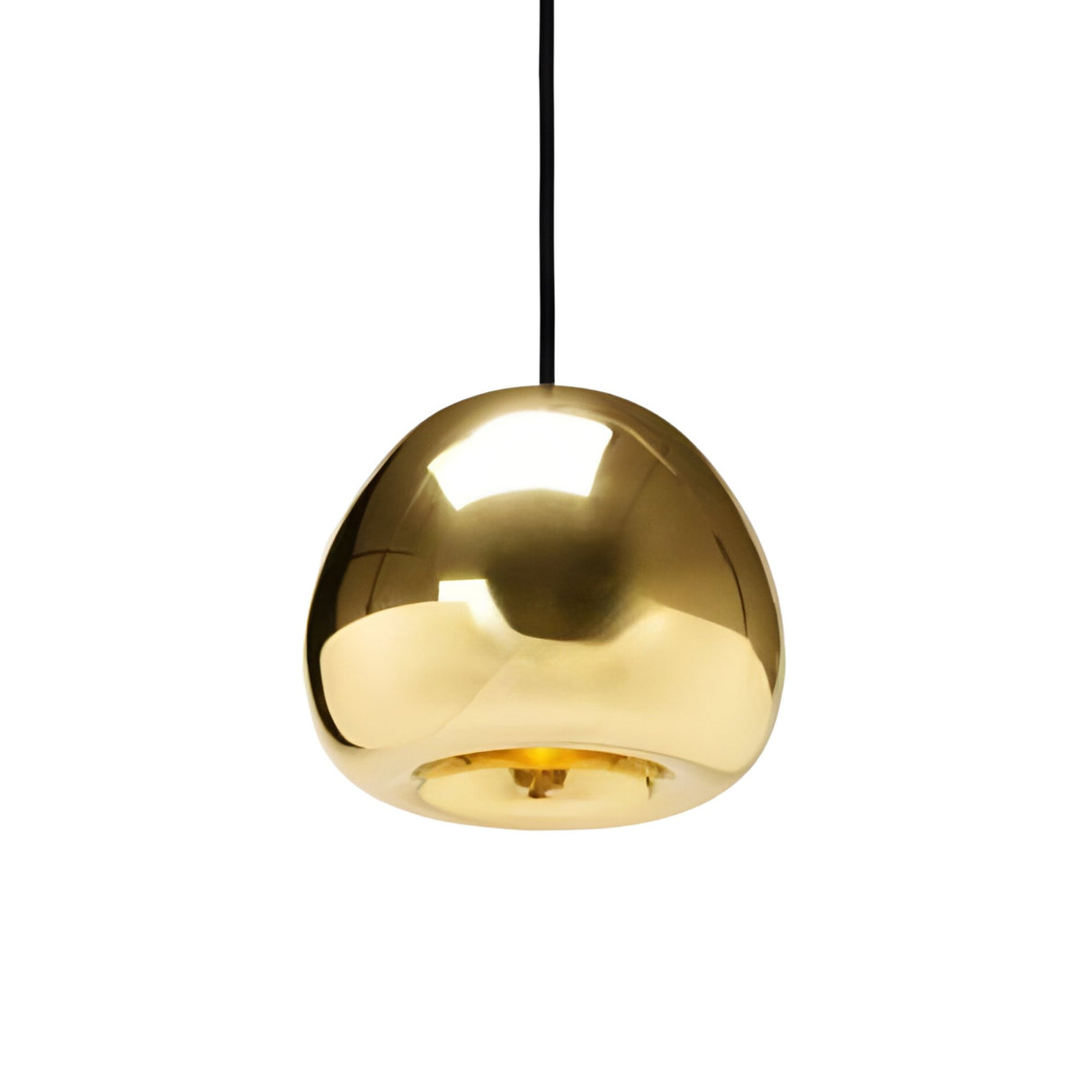 The Gulf Mini Glass Pendant Light - Brass features a smooth, rounded design with a metallic gold finish, suspended from a black cord and showcased against a plain white background.