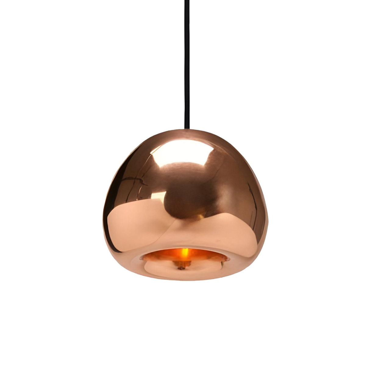 The Gulf Mini Glass Pendant Light - Copper features a modern, copper-colored rounded dome and hangs from a black cord against a white background.
