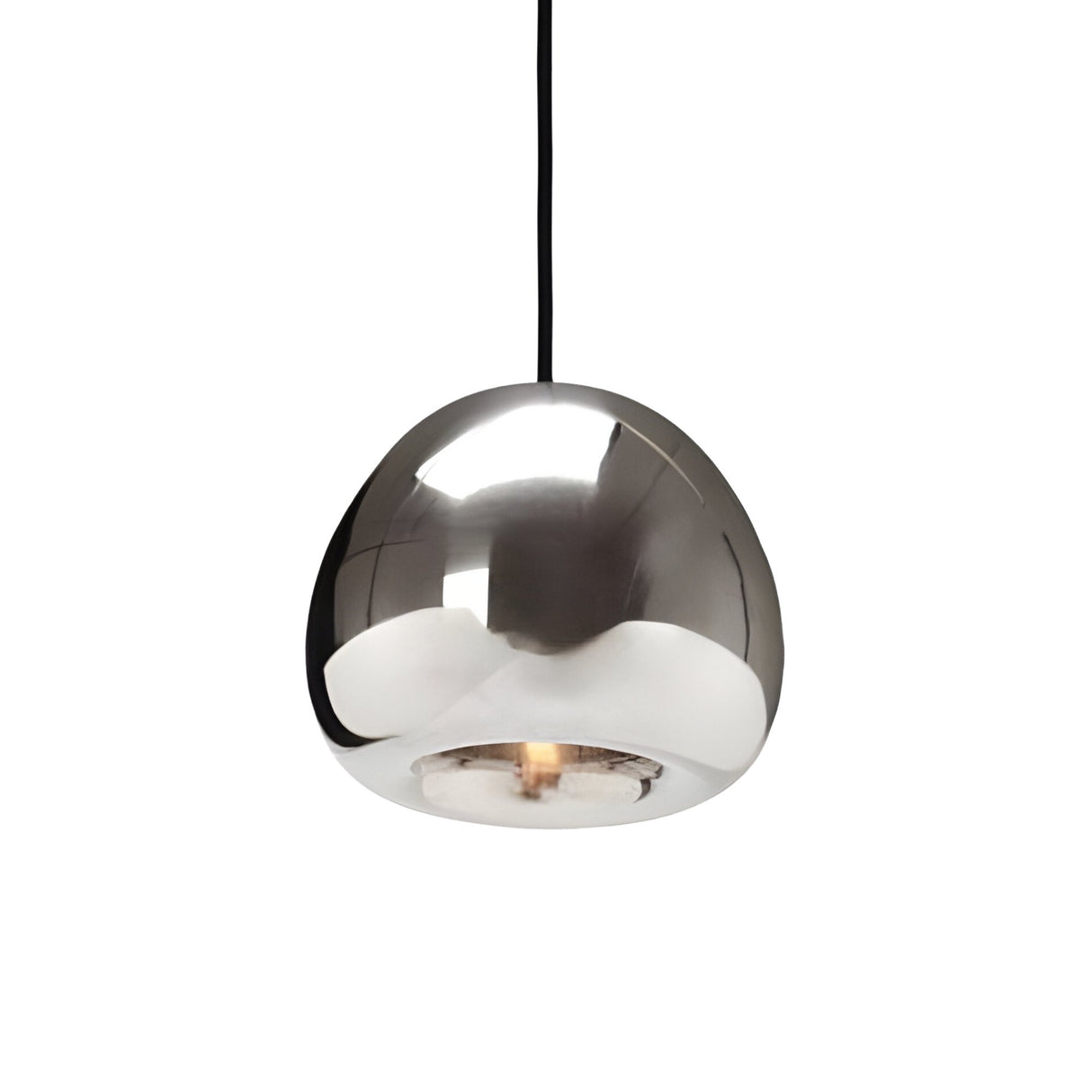The Gulf Mini Glass Pendant Light - Silver features a modern dome-shaped design with a metallic finish, hanging from a black cord against a white background, adding a sleek, reflective touch to any space.