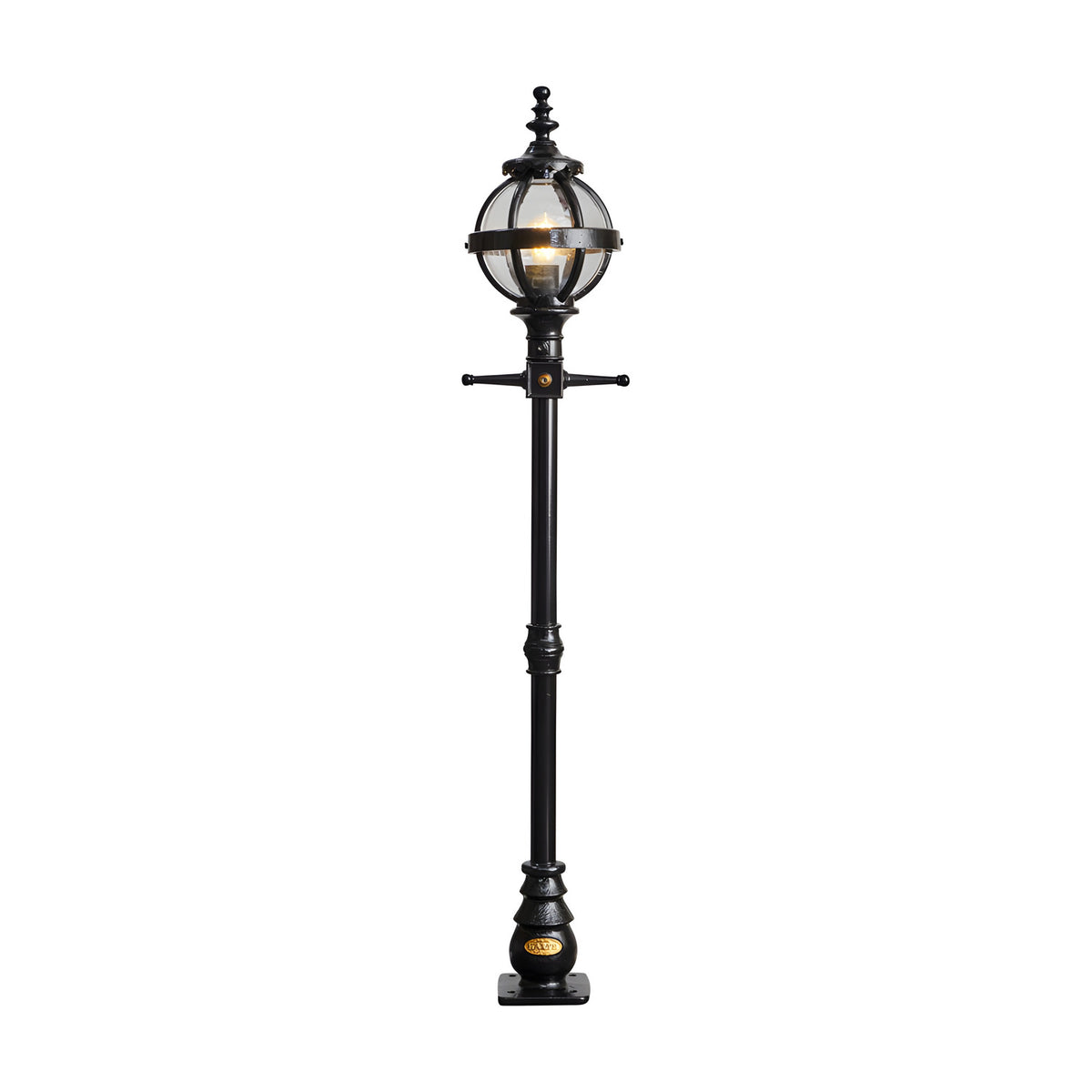 Victorian cast iron globe lamp post, 1.4m tall in black, with a banded cage globe shade on a slender fluted pole and square base, shown on a plain white background.