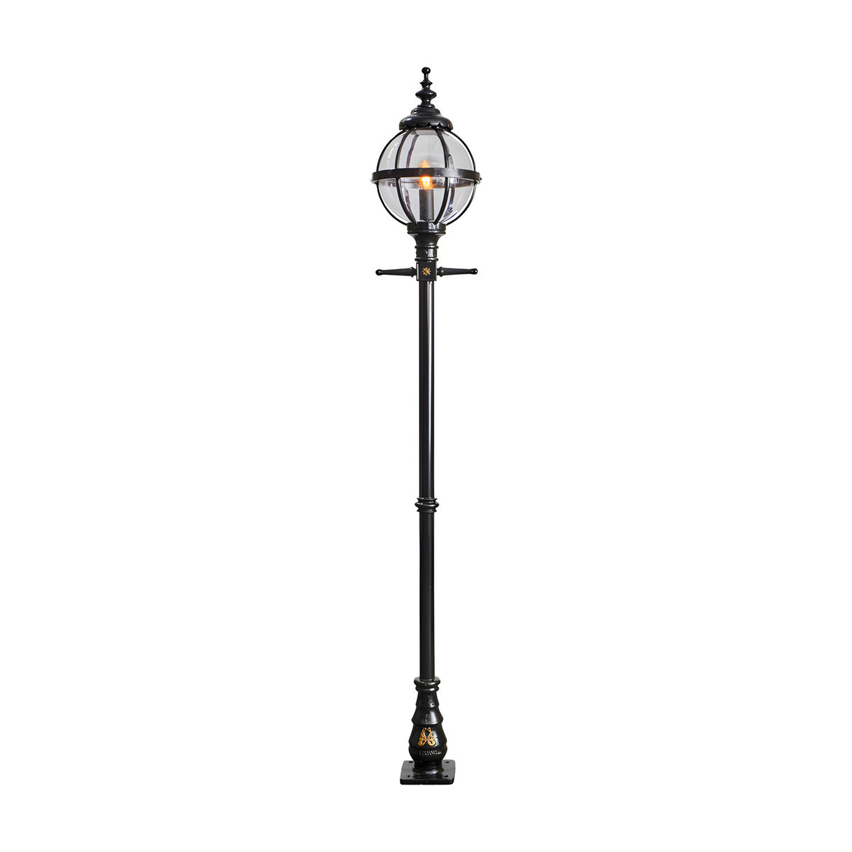 Victorian Cast Iron Globe Lamp Post, 2.7m tall in black, featuring a spherical banded-cage glass globe atop a slender fluted post with ornate base, shown against a plain white background.
