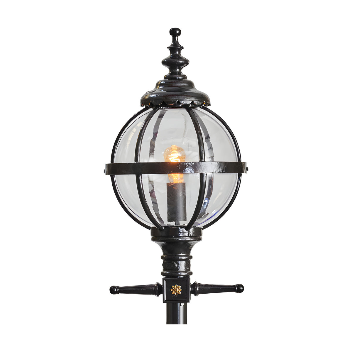 Victorian Cast Iron Globe Lamp Post in black, showing the round glass globe in a banded cage with ornate finial top, lit bulb visible, on a plain white background.