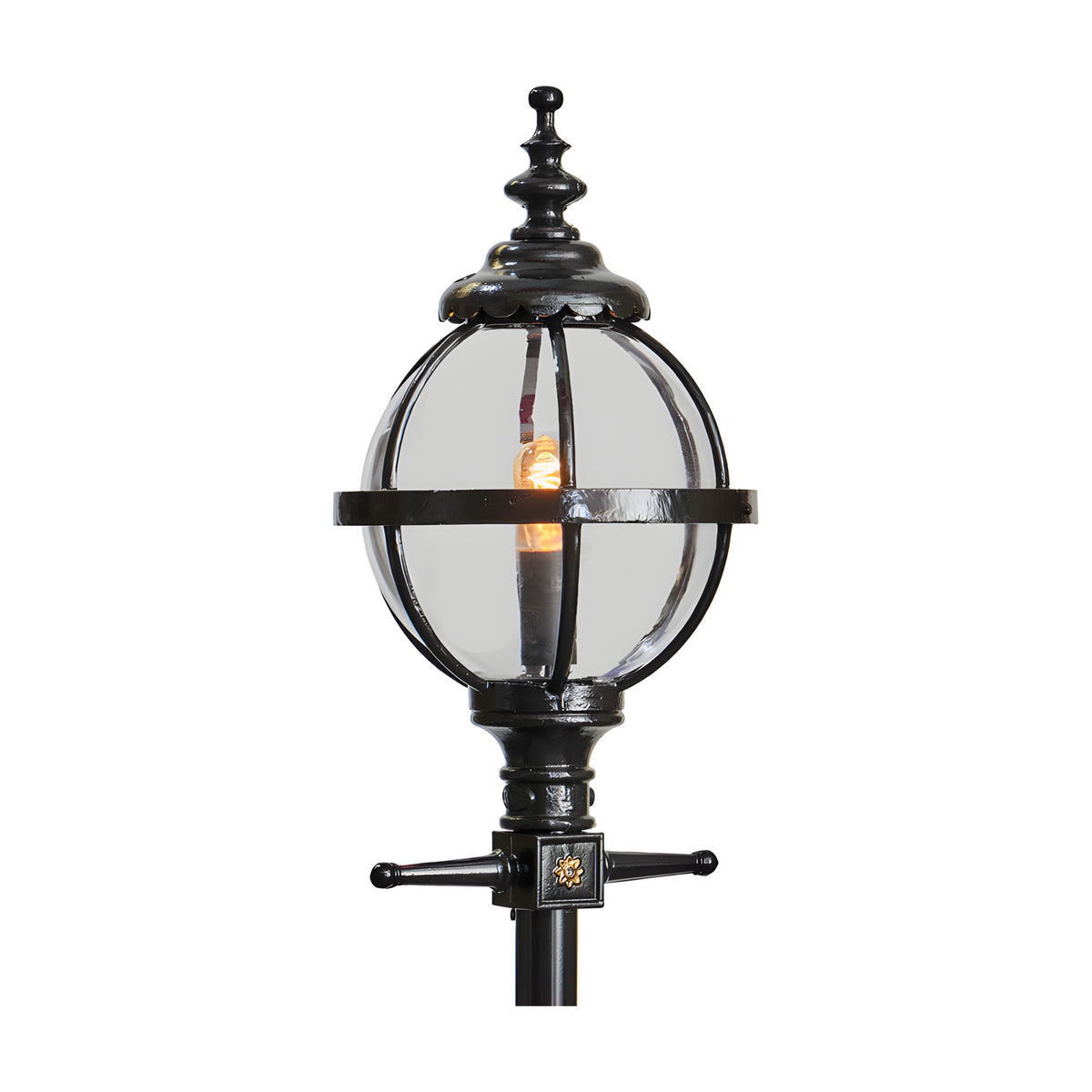 Victorian Cast Iron Globe Lamp Post in black, showing the spherical glass globe held in a banded metal cage with ornate finial top, mounted on a decorative post against a plain white background.