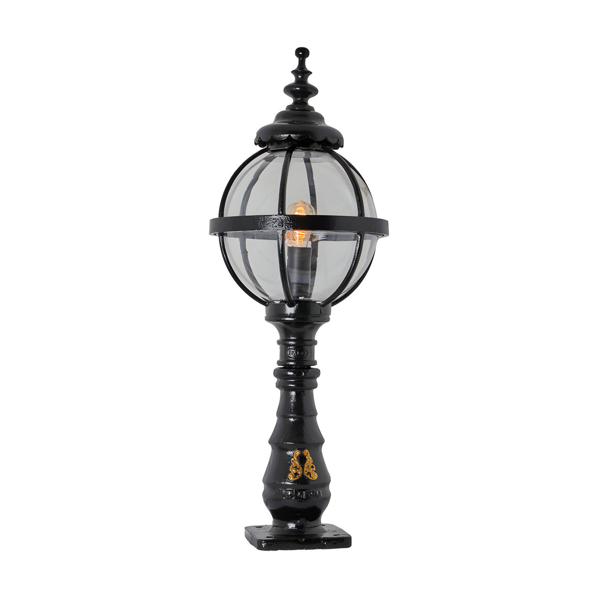 Large Victorian cast iron globe pedestal post light in black, with a banded glass globe shade, ornate finial top, decorative column base and square mounting plate, shown on a plain white background.