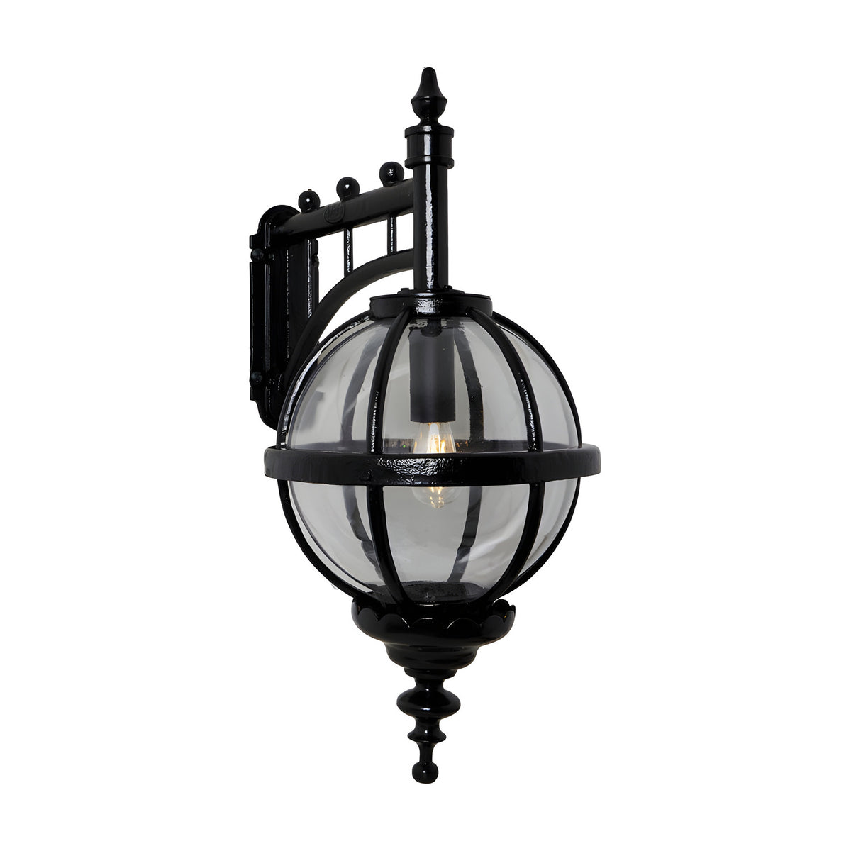Large Victorian cast iron downturned globe wall lantern in black, with clear polycarbonate glazing in a banded cage, mounted on a scrolled wall bracket against a plain white background.