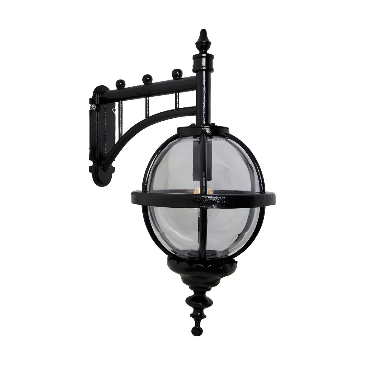 Large Victorian cast iron downturned globe wall lantern in black, with clear polycarbonate globe held in a banded cage on a decorative wall bracket, shown on a plain white background.
