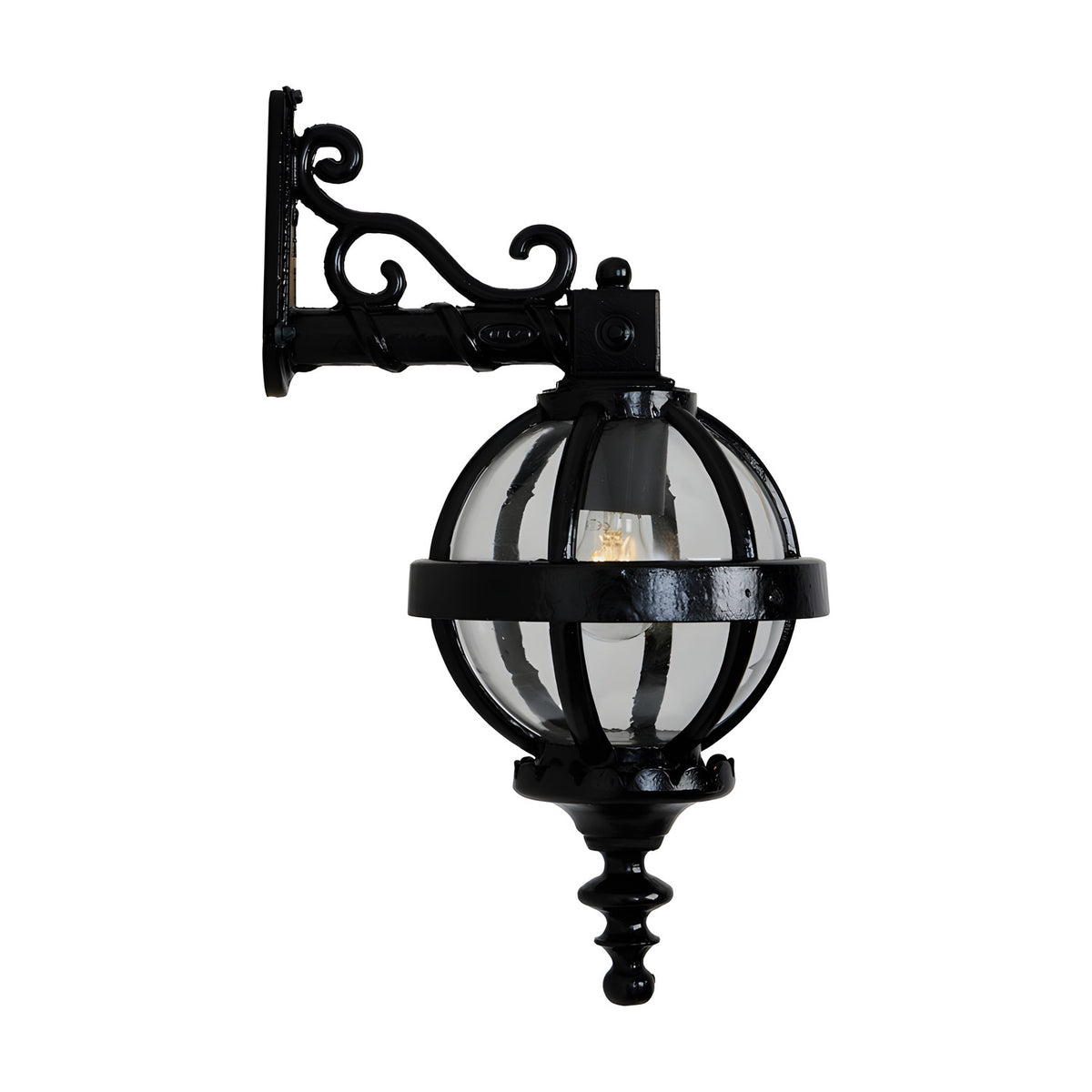 Small Victorian cast iron downturned globe wall lantern in black, with banded cage design and clear glazing, on an ornate scroll wall bracket against a plain white background.