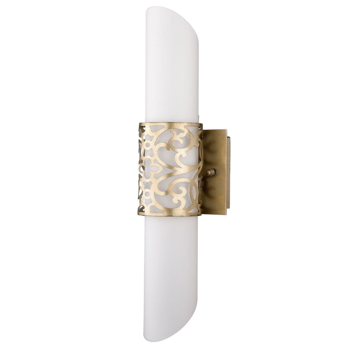 The Venera 2 Light Wall Light features a vertical white frosted tubular glass with an ornate gold band, mounted on a brass base. It adds sophistication and ambient lighting to any space.