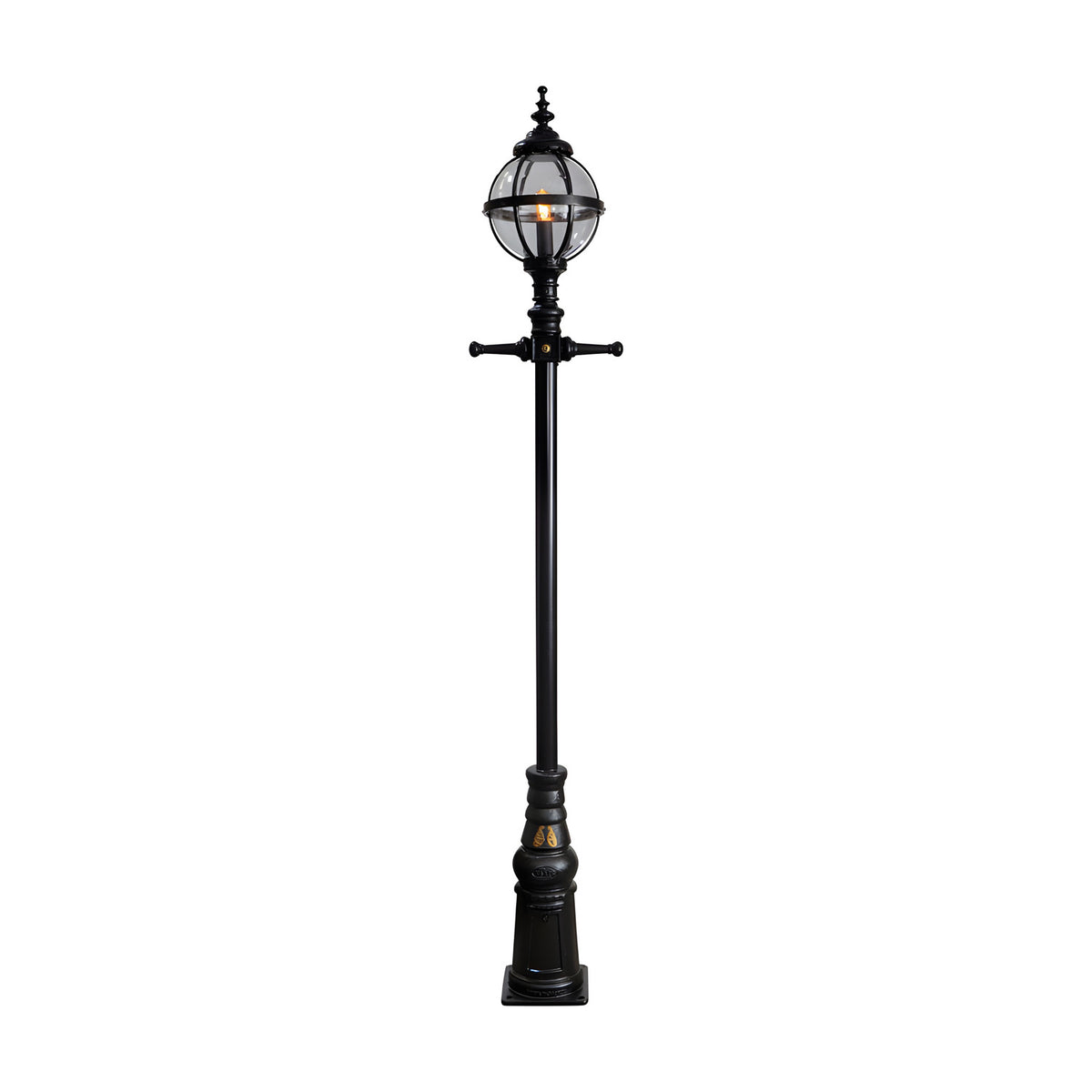 Victorian Manor cast iron globe lamp post in black, 3m traditional column with banded cage globe shade on a moulded base, shown on a plain white background.