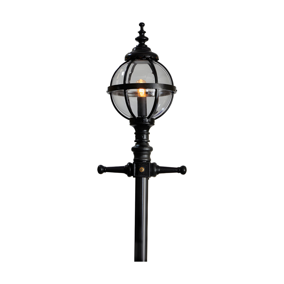 Victorian Manor cast iron globe lamp post in black, featuring a caged glass sphere, ornate finial, decorative bracket arms, and tall column, shown on a plain white background.