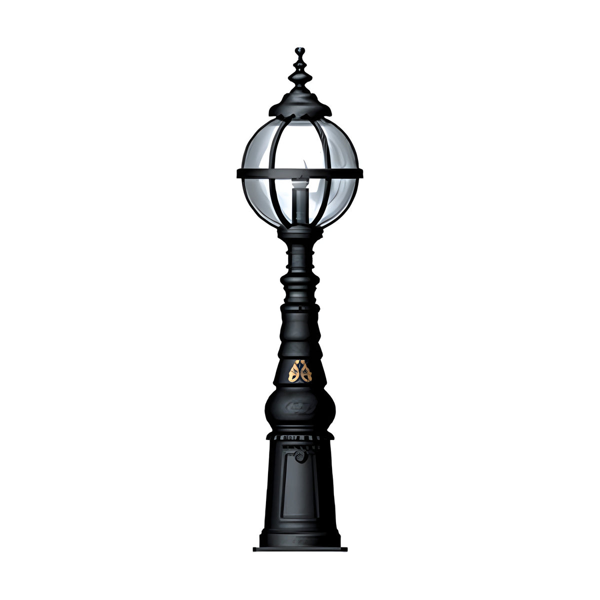 Victorian Manor cast iron globe pedestal post light in black, with banded cage globe on a traditional column base, shown on a plain white background.