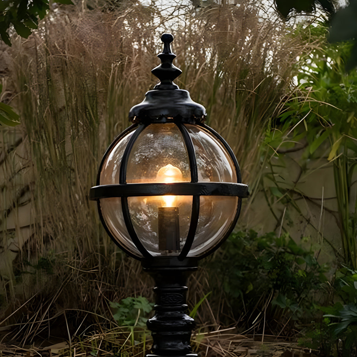 Victorian Manor cast iron globe pedestal post light in black, with banded cage design and lit bulb, set on a pillar amid garden foliage.