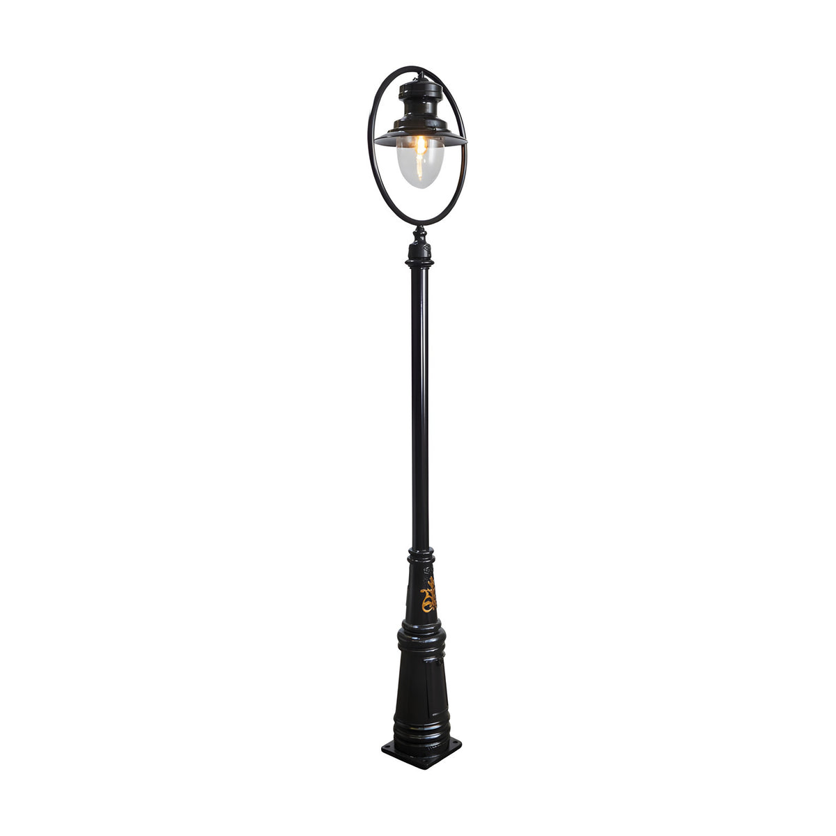 Railway style cast iron lamp post in black, 3.65m tall, with a single spun shade under a hoop frame and clear polycarbonate dome, on a tapered base against a plain white background.