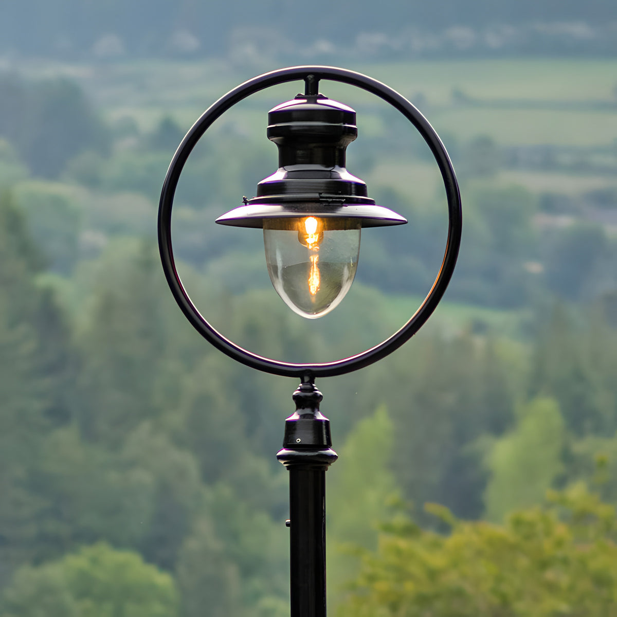 Railway style black cast iron lamp post, 3.65m, with a circular hoop frame around a spun shade and clear glass dome, lit bulb, set outdoors against a rural backdrop.