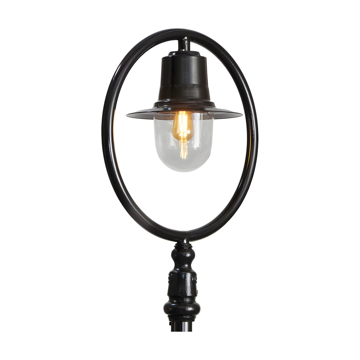 Railway Style Cast Iron Lamp Post 2.73m in black, showing the spun shade within a hoop over a clear polycarbonate dome, set against a plain white background.