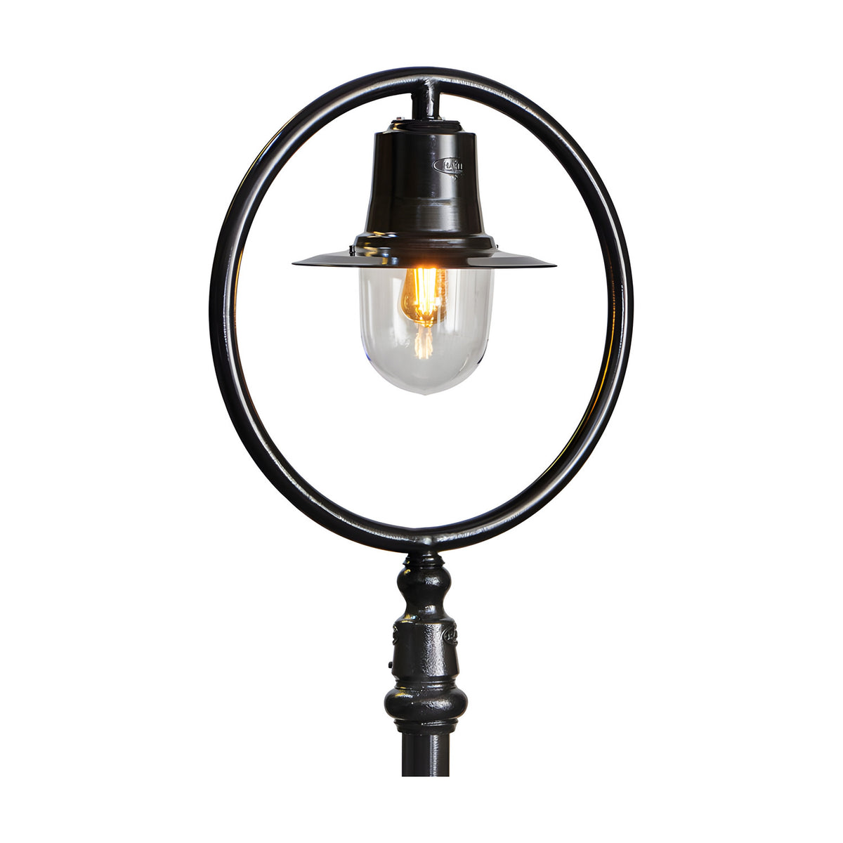 Railway Style Cast Iron Lamp Post in black, 2.43m, with a circular hoop frame, spun metal shade, and clear polycarbonate dome housing a single light, shown on a plain white background.