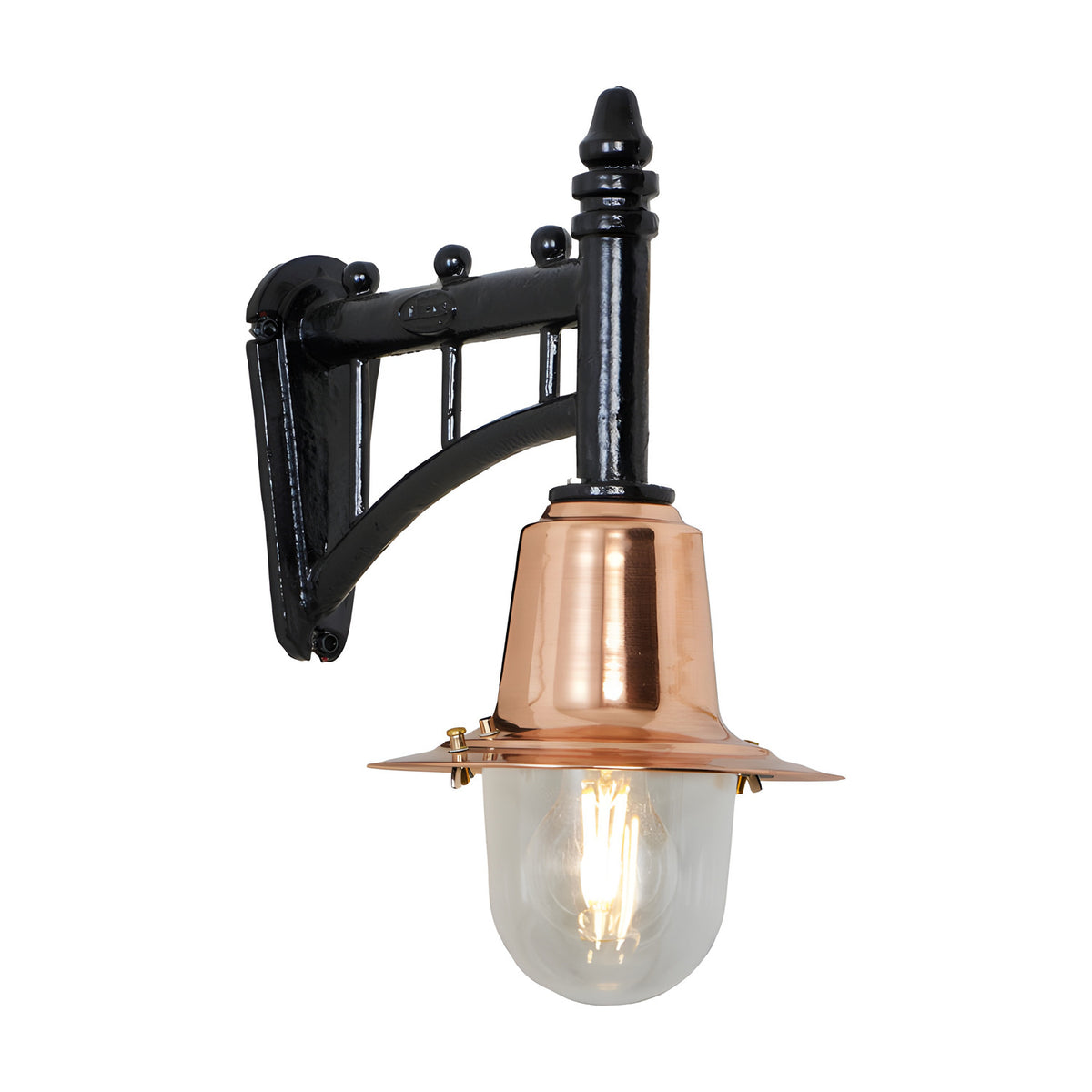 Small Railway Style outdoor wall lantern with a black trussed cast arm, copper spun shade and clear glass dome, shown on a plain white background.