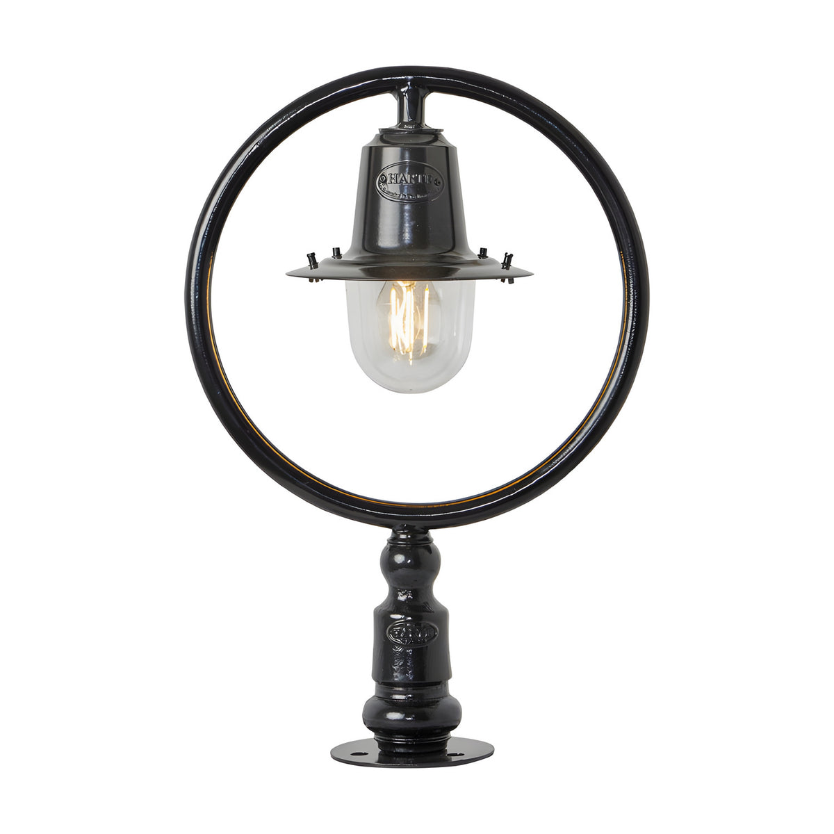 Small Railway Style Pillar Light for Narrow Piers in black, with a circular hoop frame, spun metal shade, and clear glass dome over a single bulb, on a pier-cap base, shown on a white background.