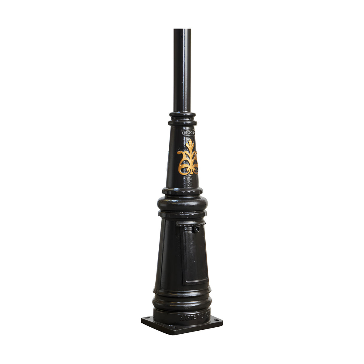 Vintage Cast Iron Lamp Post 3.7m in black with a tapered fluted base, gold decorative motif, square mounting plate, and tall straight pole, shown on a plain white background.