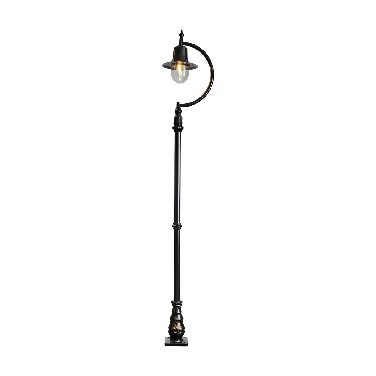 Vintage Cast Iron Lamp Post 2.8m in black, with a curved goose-neck arm holding a single teardrop shade over a clear glass dome, set on a decorative base plate against a plain white background.
