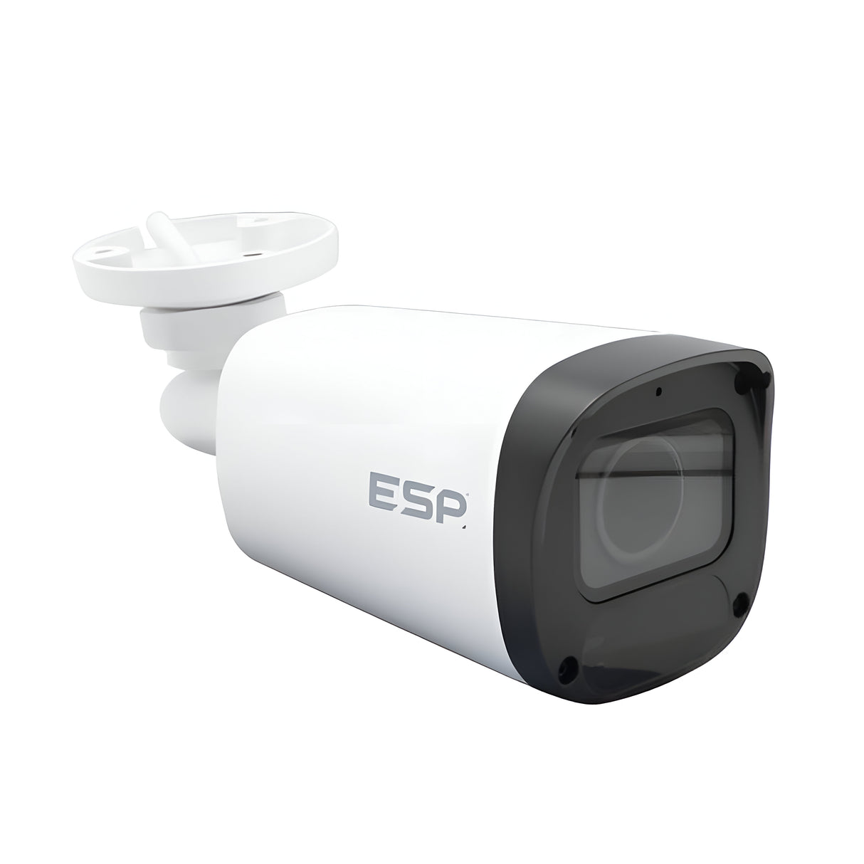 The HDview IP PoE Bullet Camera, white with a cylindrical design and mounting bracket, features ESP branding. It offers versatile surveillance through a motorized varifocal 2.8-12mm lens and delivers crystal-clear images with its 5MP resolution.