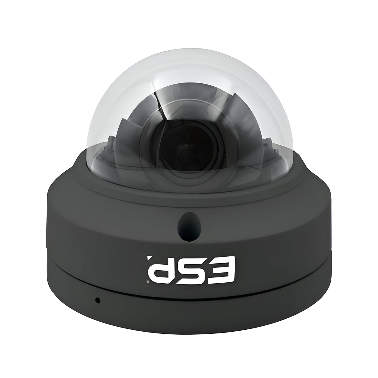 The grey HDview IP PoE Varifocal Dome Camera features a 2.8-12mm motorized lens with HD 5MP resolution, ESP in white on its base, a transparent cover, and IP67 protection for enhanced durability.