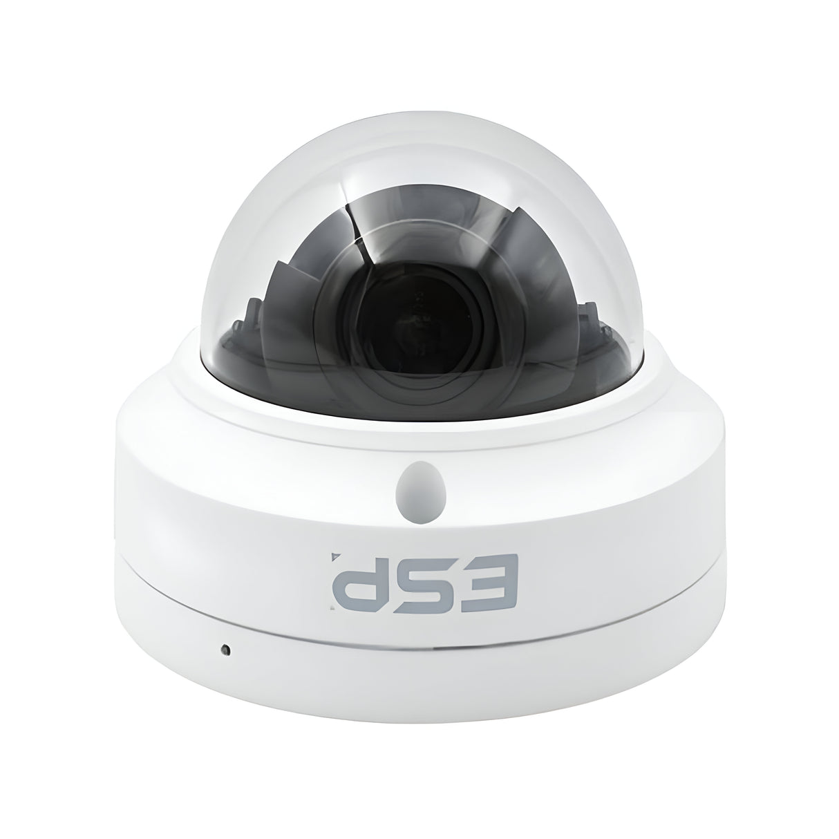 The HDview IP PoE Varifocal Dome Camera, white with ESP in light blue, features a motorized 2.8-12mm lens under a clear dome with 5MP resolution and an anti-vandal design on a circular base.
