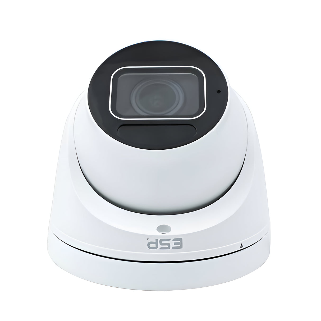 A white HDview dome camera with a black lens, labeled ESP on the front, featuring IP67 housing, is mounted on a white base against a plain background.