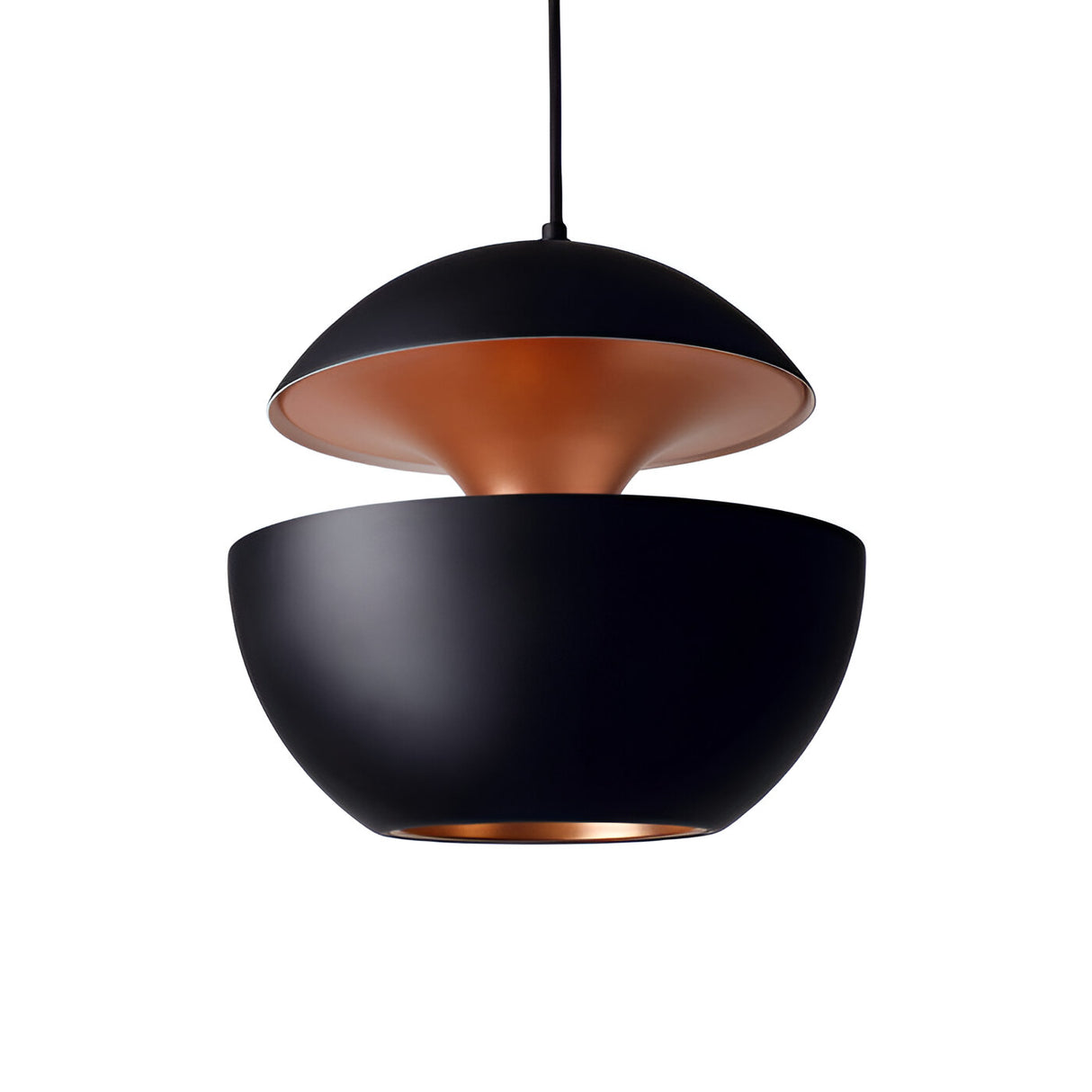 The Ex-Display Core Pendant Copper & Black - 35cm is a modern light with two bowl-shaped sections separated by a gap, featuring a sleek black cord and an elegant copper interior.